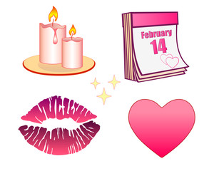 Set Valentine's Day - romantic candles, calendar with the date of February 14, heart and imprint of painted lips. Vector elements for the design of sites, cards or invitations for Valentine's Day.