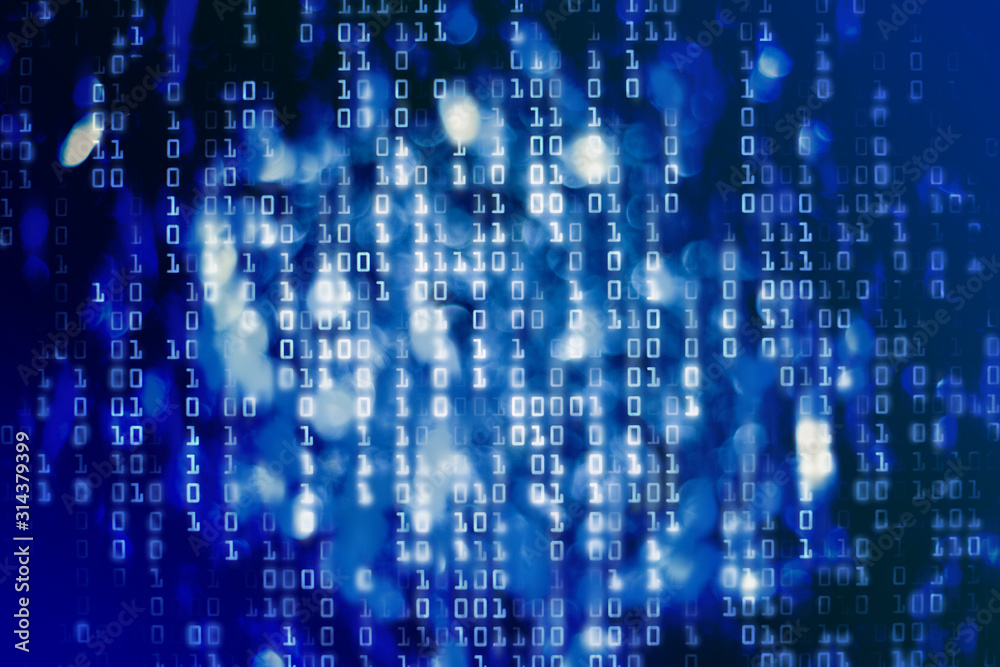 Poster information war. blue binary code blocks flowing downward. danger, war, conflict, hacker, error and 