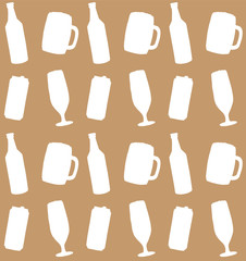 Vector seamless pattern of white different beer bottle and glasses silhouette isolated on craft beige background