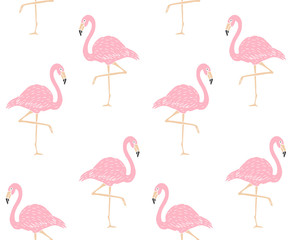 Vector seamless pattern of hand drawn doodle sketch pink flamingo isolated on white background
