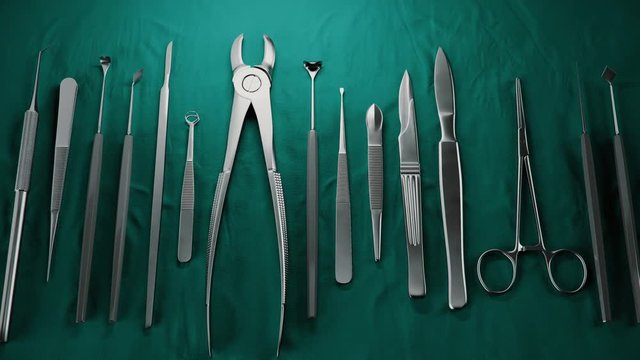 Set of dentist tools surgery on green background. Dental Hygiene and Health conceptual image. 3D animation selective focus.