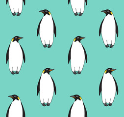 Vector seamless pattern of hand drawn doodle sketch emperor penguin isolated on mint blue background