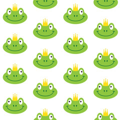 Obraz na płótnie Canvas Vector seamless pattern of flat cartoon green princess frog face in crown isolated on white background