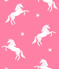 Vector seamless pattern of hand drawn doodle sketch white unicorn isolated on pink background