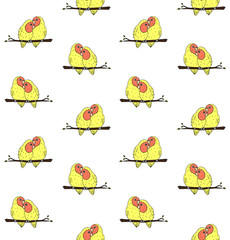 Vector seamless pattern of hand drawn doodle sketch yellow lovebirds parrots pair isolated on white background