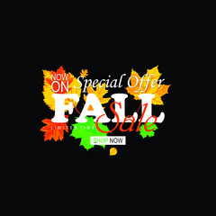 Autumn sale vector banner design, label, ribbon, colorful leaves background for sale discount and promo.