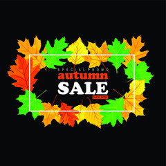 Autumn sale vector banner design, label, ribbon, colorful leaves background for sale discount and promo.