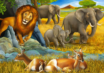 cartoon scene with elephant antelope and lion on the meadow resting illustration for children