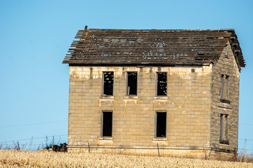 Abandoned Limestone House Blue Sky	