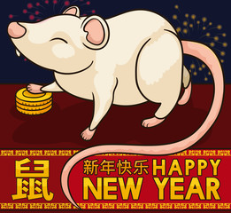 Happy Rat Seeing a Firework Display during Chinese New Year, Vector Illustration
