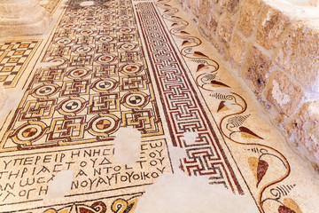 MOUNT NEBO, JORDAN - MARCH 21, 2017: Mosaics in the Moses Memorial church at the Mount Nebo mountain.