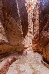 View of the Siq (narrow gorge, main entrance to the ancient city Petra), Jordan
