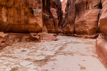 View of the Siq (narrow gorge, main entrance to the ancient city Petra), Jordan