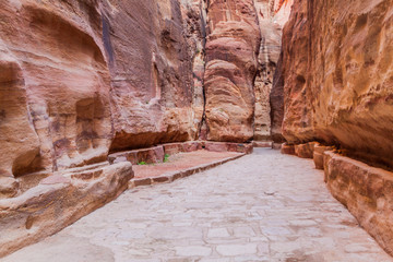 The Siq, narrow gorge, main entrance to the ancient city Petra, Jordan