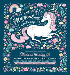 Birthday party invitation card template with a beautiful unicorn and flowers background