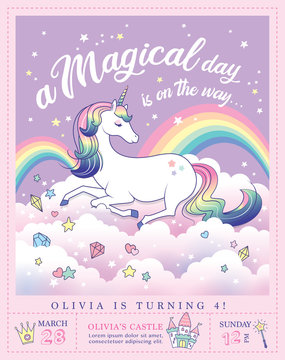 Birthday party invitation card template with a beautiful unicorn and rainbow background