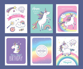 Set of birthday greeting cards with cute unicorns, rainbow and magical elements