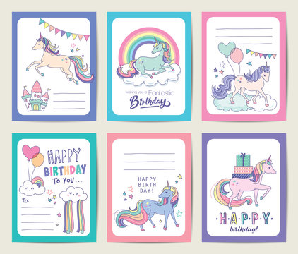 Set of birthday gift tags/ cards with cute unicorns, rainbow and magical elements