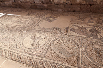Mosaic at the floor of the Byzantine Church ruin in the ancient city Petra, Jordan