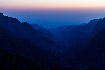 Fototapeta na wymiar Sunset at Wadi Dana canyon in Dana Biosphere Reserve, Jordan