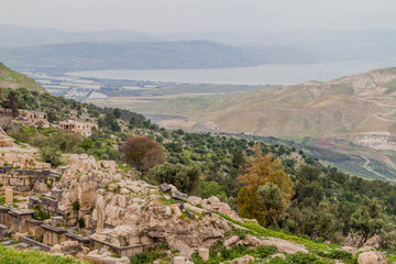 Fototapeta na wymiar View of the Sea of Galilee from the ruins of Umm Qais, Jordan