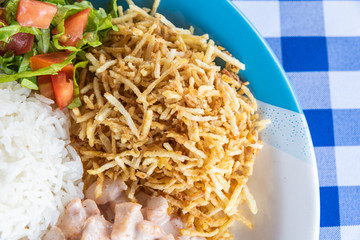 Plate of Rice, Beef stroganoff, Potatoes and Tomato Salad - Brazilian Typical Food