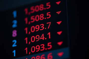 Stock market exchange graph price drop with red numbers investment lose of  business financial digital background - charts stock crash crisis fall risk decreasing arrow down trend sell