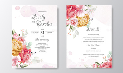 Fototapeta na wymiar Elegant watercolor wedding invitation card template set with beautiful floral and leaves