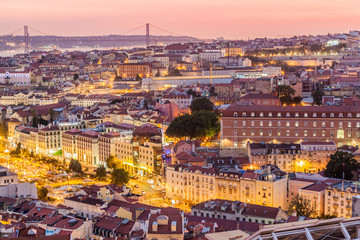 Skyline of evening Lisbon from Miradouro da Graca viewpoint, Portugal
