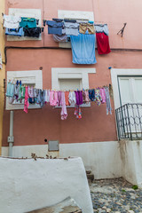 Laundry on a line in Alfama neighborhood of Lisbon, Portugal