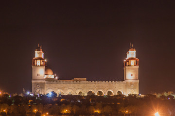 Night view of the King Hussein Bin Talal Mosque in Amman, Jordan
