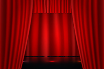 Red curtains open on stage with colorful lights, vector illustration.