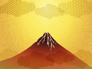 Zelfklevend Fotobehang 赤富士と和柄のイラスト-金屏風イメージ背景テクスチャ © rrice