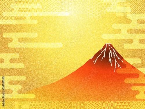 赤富士と和柄のイラスト 金屏風イメージ背景テクスチャ Wall Mural Rrice