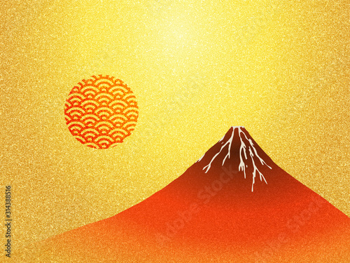赤富士と日の出のイラスト 金屏風イメージ背景テクスチャ Wall Mural Rrice