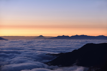 early morning sunrise and mt. Fuji over the sea of clouds, Nagano, mt.Tsubakurodake, Japan