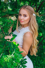 Portrait of a charming blond woman wearing beautiful white dress standing next to rowan tree.