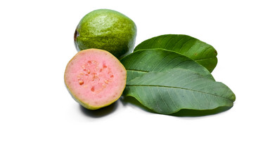 Fresh guava with leaf isolated on white background.