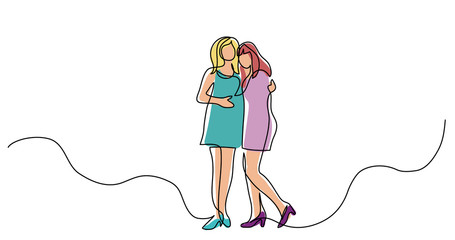 continuous line drawing of two woman friends hugging each other