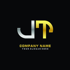 JT initial letters looping linked oval elegant logo silver, gold
