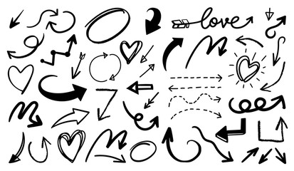 Arrows hand drawn vector set. Sketch arrow design for application, banner, print screen, pen marks, map and typography design guide line.