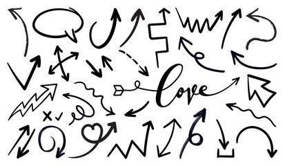 Arrows hand drawn vector set. Sketch arrow design for application, banner, print screen, pen marks, map and typography design guide line.