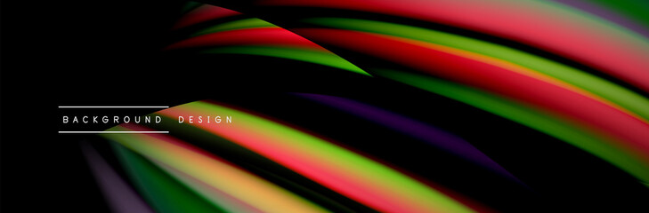 Сolorful flow poster. Wave liquid lines and shapes in black color background. Vector Illustration
