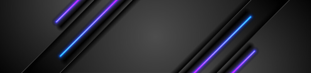Black tech abstract banner design with blue and purple neon glowing light. Concept modern futuristic background. Vector illustration