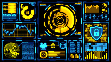 Data Transmission and Digital Transformation Screen with Details in Yellow-Blue color theme including Panels, Graphs, Charts , 3D Earth and digital elements Ver.1 (Full Screen)