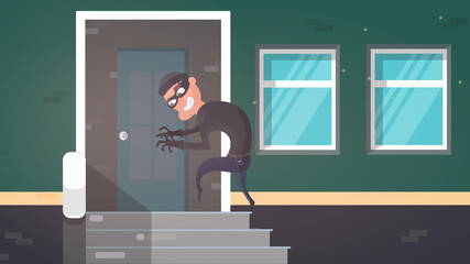 The thief is sneaking into the house. The robber is trying to crack the door. Security concept. Vector illustration.