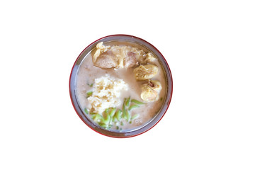 Cendol Durian or Durian Dessert closeup on white background. Cendol Durian is Malaysian popular dessert