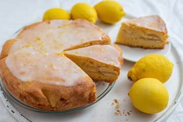 Lemon pound cake on rustic wooden background 