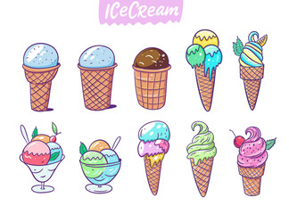 Cute Ice cream icon big set collection. Vector illustration. Cartoon style. Isolated on white background.