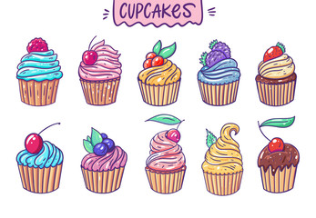Cute Ten Cupcakes. Vector illustration. Cartoon style.